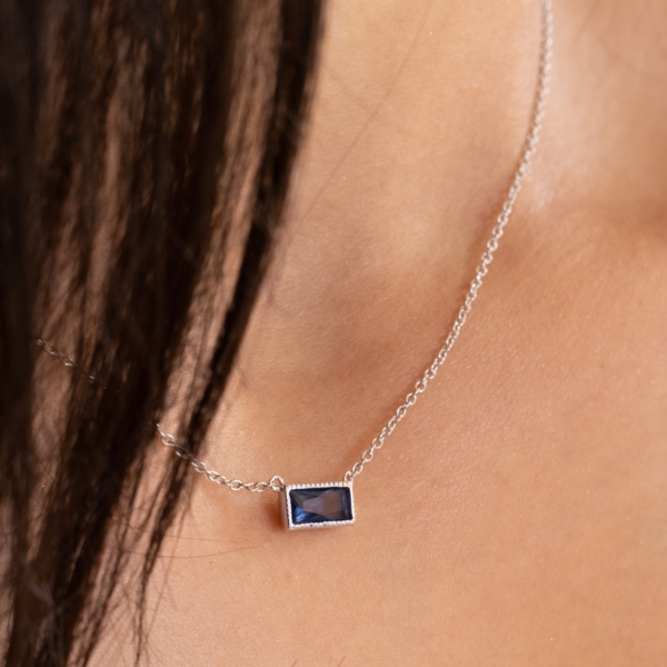 CFJ Sterling Silver 925 Rhodium Plated Nickel Free Deep Ocean Blue Fine CZ Rectangle Necklace